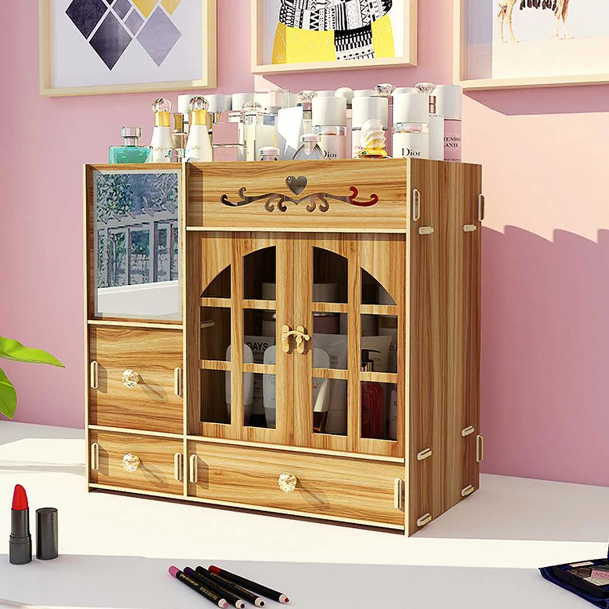 

Multifunction Cosmetic Case Jewelry Wooden Storage Box 3 color Portable Desktop Storage Organizer Crafts Case For Office Home