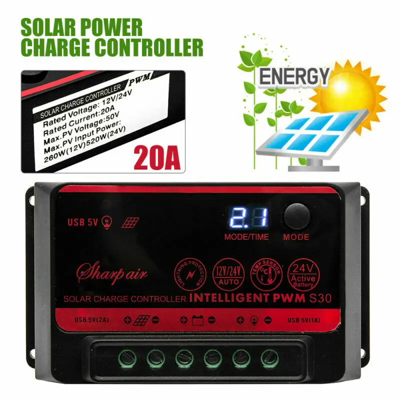 

20A Auto Solar Panels Charger Controller Battery Charge Regulator USB LCD PROF Red 12V-24V FOR Boat Camper Van Caravan Motorhome