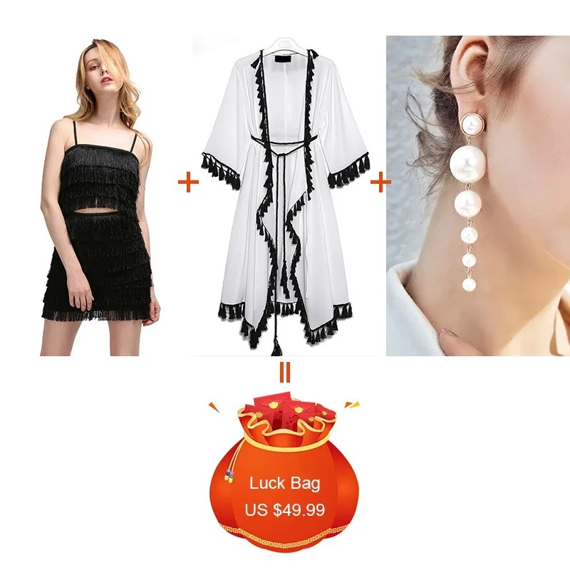TWOTWINSTYLE 3 Pieces/lot Clearance Sexy Tassel Skirt Suits V Neck Bandage Patchwork Dresses Pearl Stud Earrings 2019 Womens Set | Женская