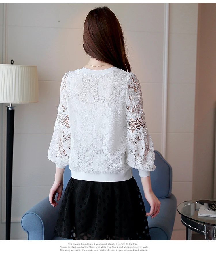 2017 Autumn new fashion casual women lace bottoming shirt round neck loose long-sleeved lace women blouse top blosas 668C 30