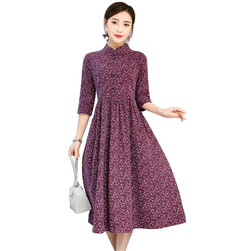 

Spring Summer Stand Collar Women Vintage Cotton Linen Dress Floral Print Half Sleeve Dresses Party Vestido