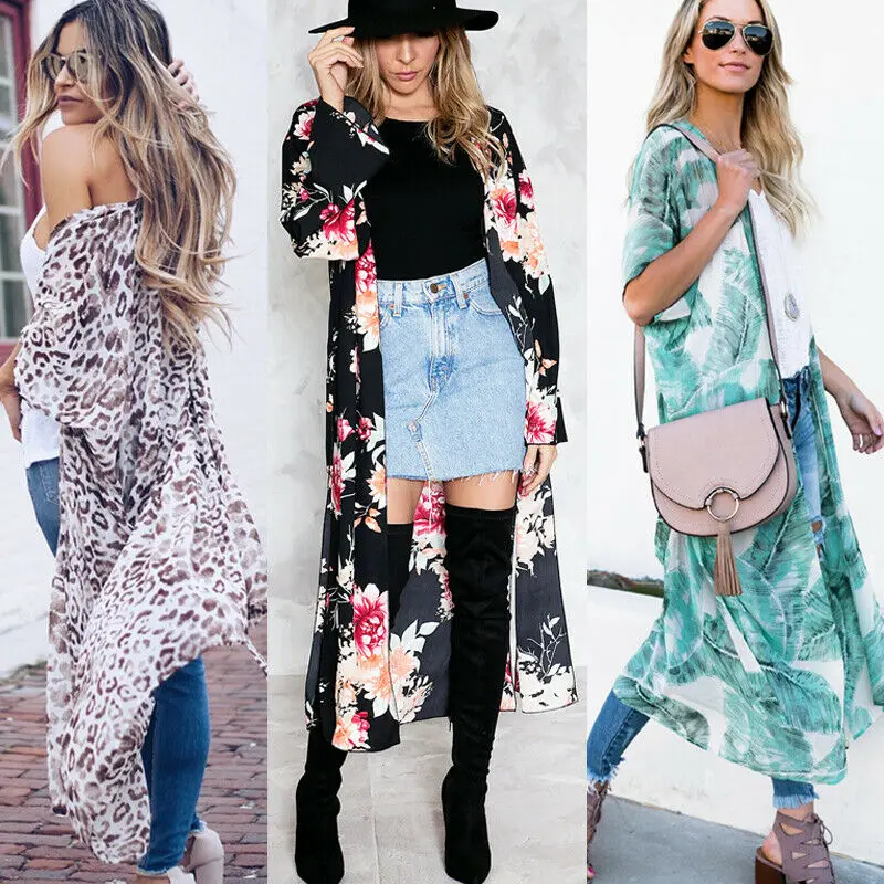 

Women Casual Vintage Cardigan Ladies 2019 Hot Summer Long Crochet Chiffon Kimono preto Loose flora printed Blouse Tops