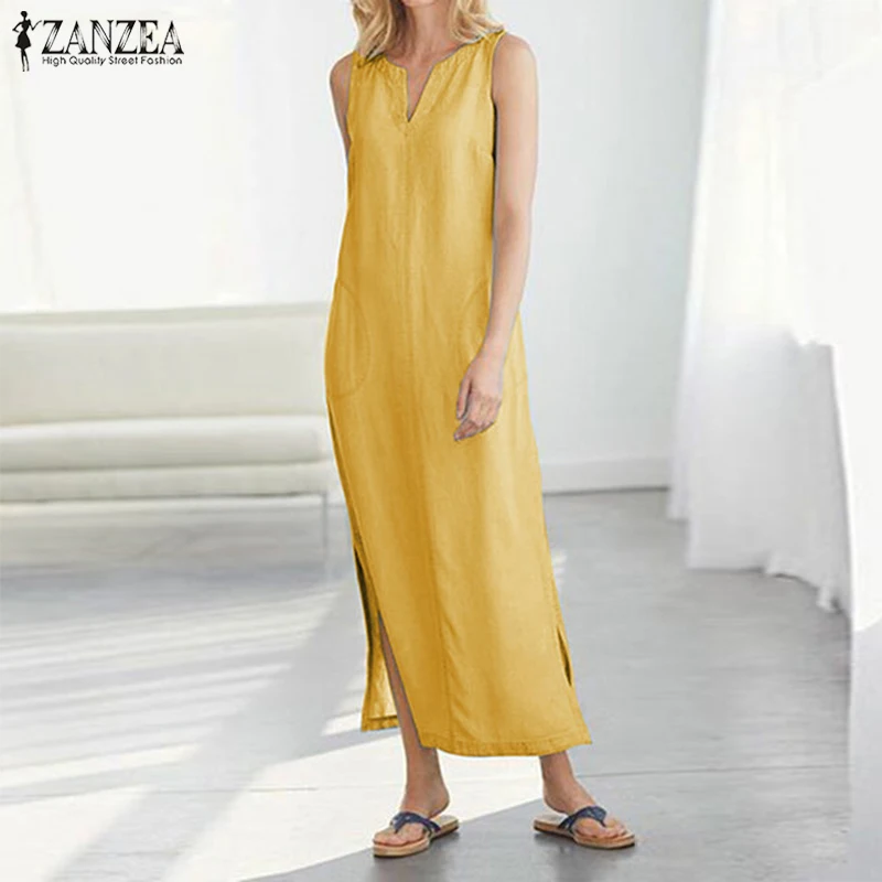 

2019 Summer Women Summer Dress Vintage Solid Sarafans Vestidos Long Maxi Sundress Sleeveless Side Pockets Beach Party Robe Femme