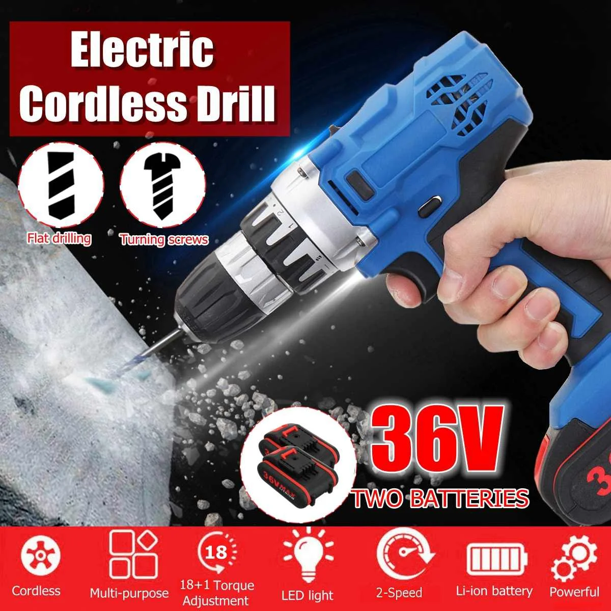 

36V Cordless Electric Drill impact drill Double-Speed Adjustment LED lighting Waterproof screwdriver wrench power tool