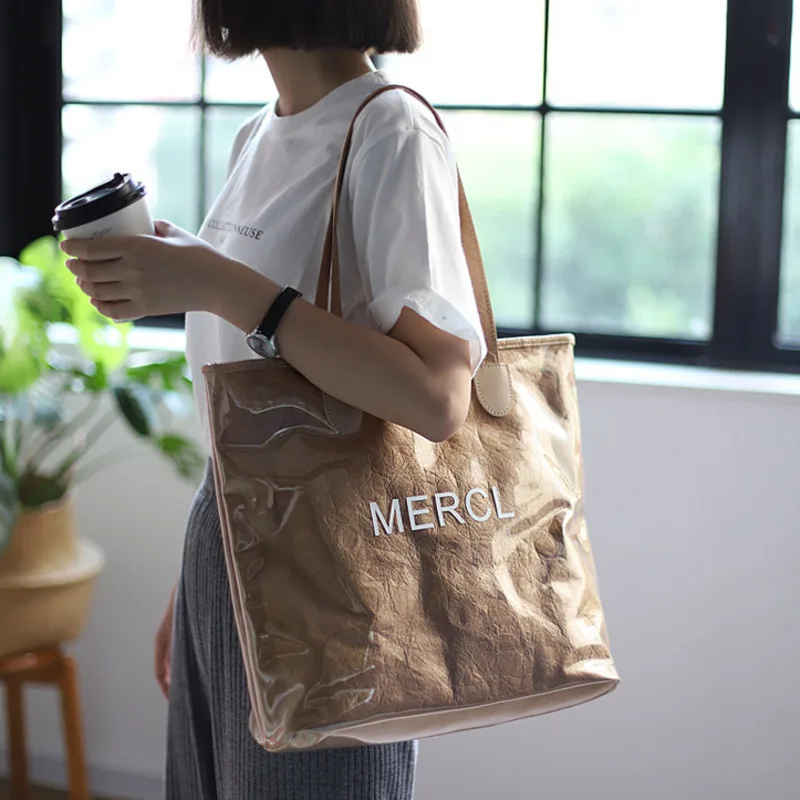 

[Super Seabob] 2019 Summer Spliced Letter Double Handles High Capacity Transparent PVC Kraft Shopping Handbag Shouder Bag LM505