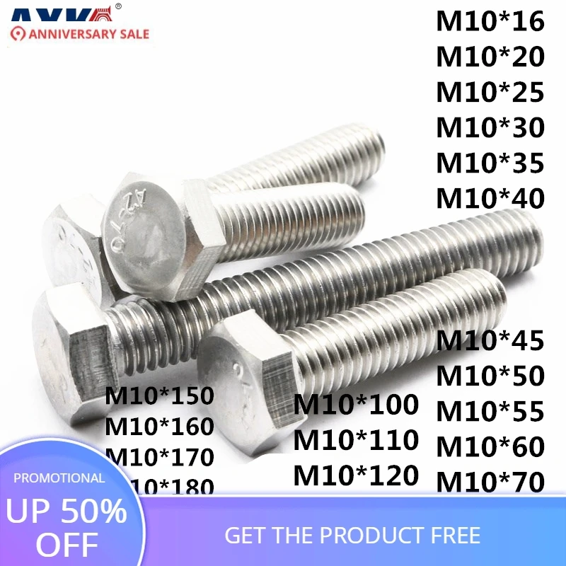 

AXK 1pcs stainless steel 316 cold heading hex head screw GB30 bolt DIN933 screw M10*16mm-200mm