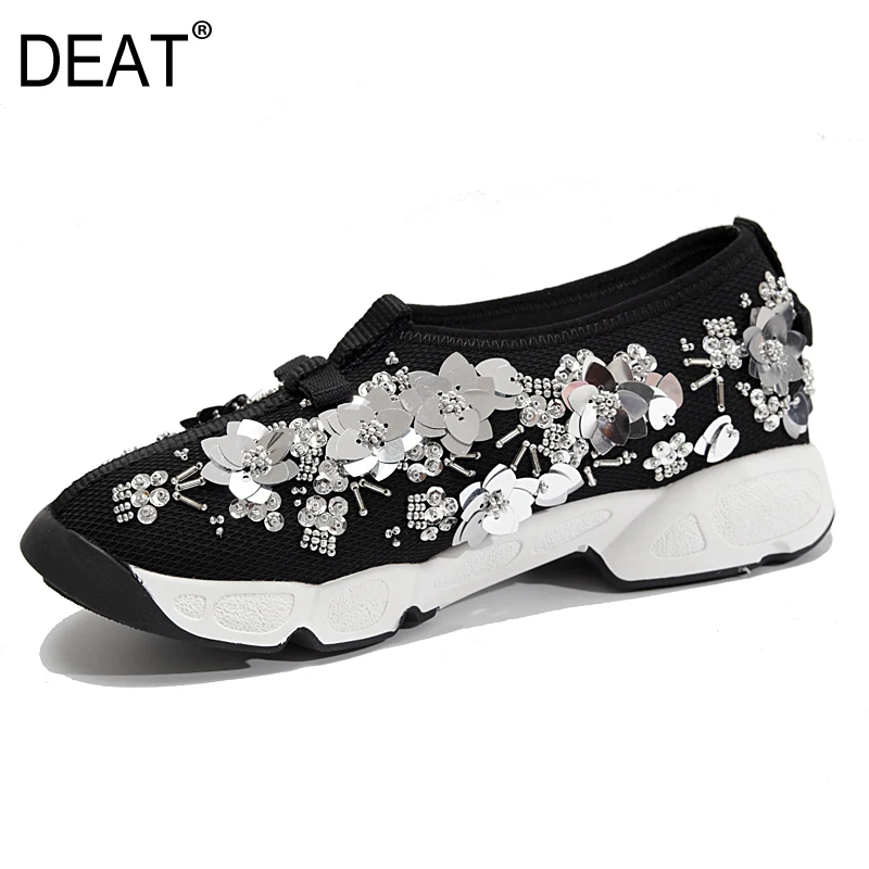 

[DEAT] 2019 New Spring Summer Round Toe Crystal Spliced Flower Bling String Bead Casual Single Flat Shoes Women Fashion 10SJ208