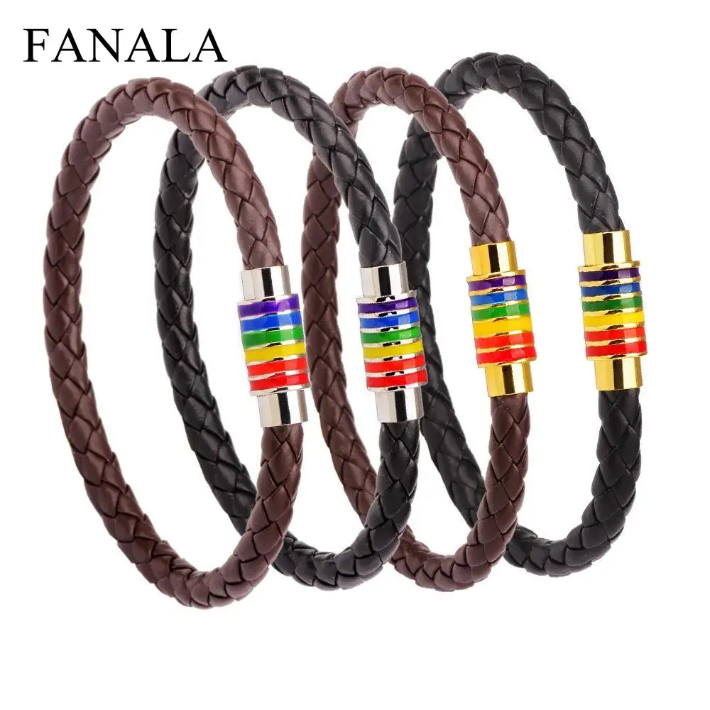 

FANALA Genuine Braided Leather Bracelet Women Men Black Brown Stainless Steel Gay Pride Rainbow Magnetic Charms Bracelet