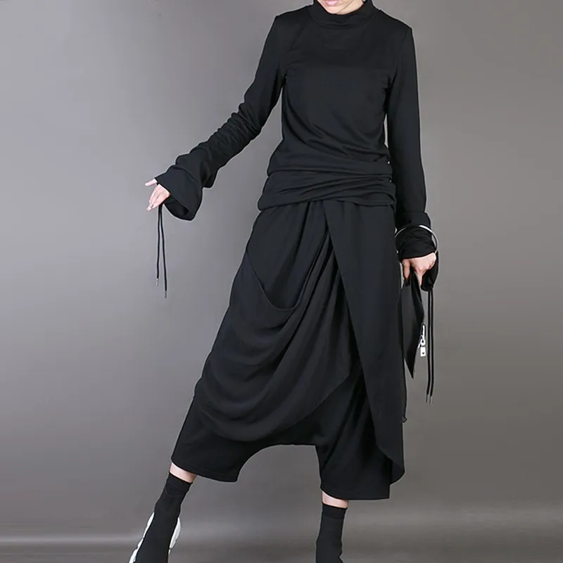 [EAM] New Autumn Winter High Elastic Waist Black Chiffon Spli Joint Irregular Harem Pants Women Trousers Fashion Tide JL915