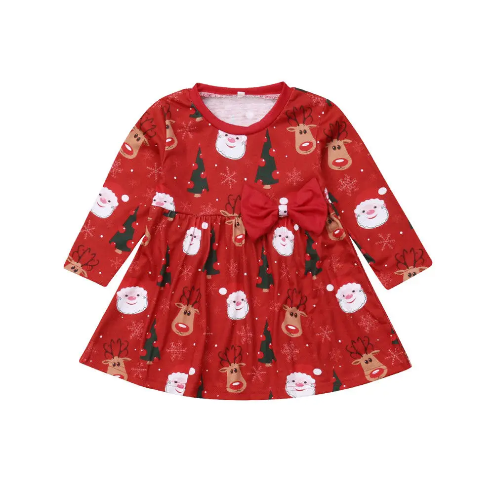 

Christmas Toddler Kids Baby Girl Dress Long Sleeve Santa Claus Print Bow Princess Girls Party Dresses Xmas Gift Clothes