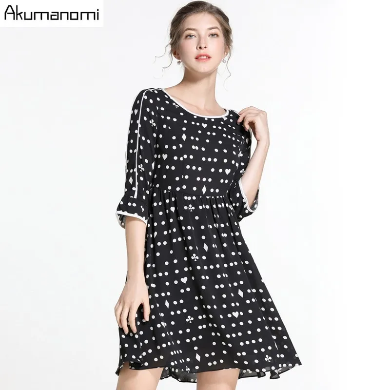 

Vintage Polka Dot Dress Women Spring Three Quarter Flare Sleeve Vestidos Casual O-neck Black Bodycon Party Dresses Mini 2019 New