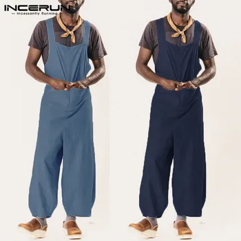 

INCERUN Summer Men Rompers Cotton Half Sleeve Button Pants Vintage Casual Solid Man Overalls Jumpsuit Trousers Men Work Suits