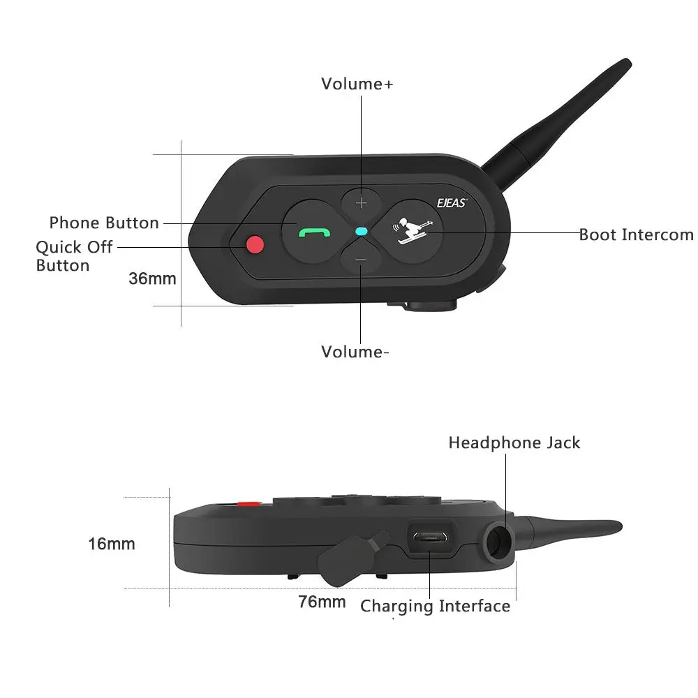 Ejeas Ski10 1200M Ski Bluetooth Communicator Helmet Walkie Talkie Headset 500Mah Aux For Two Skiers