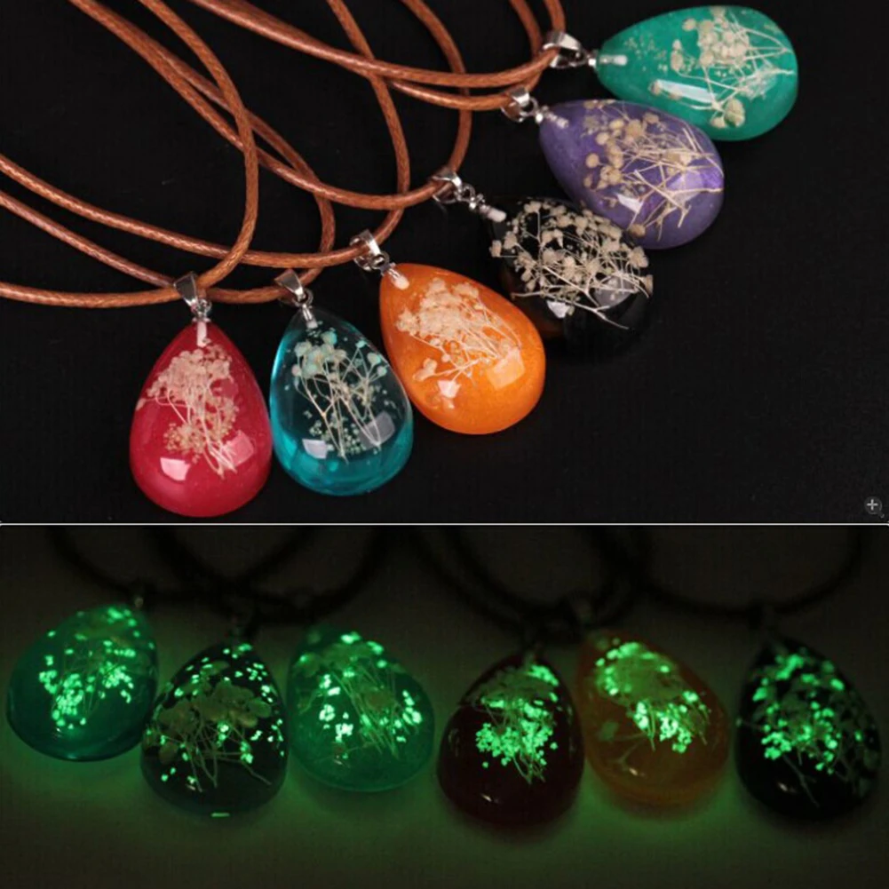

Glow in The Dark Dried Flower Teardrop Pendant Necklace Women Xmas Gift Jewelry
