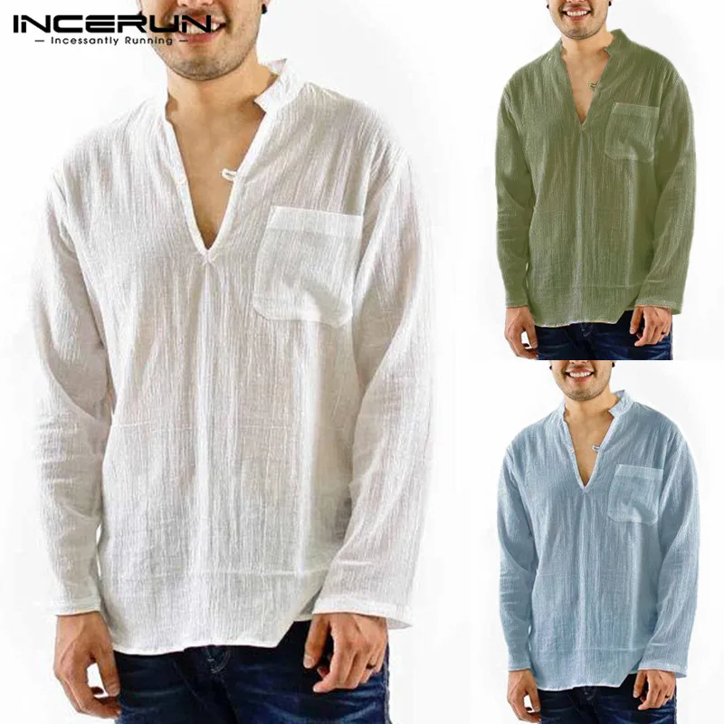 

2019 Retro Cotton Linen Long Sleeve Men Dress Slim Fit V Neck Men Tops Camisa Vacation Beach Joggers Tee Army Green White Shirt