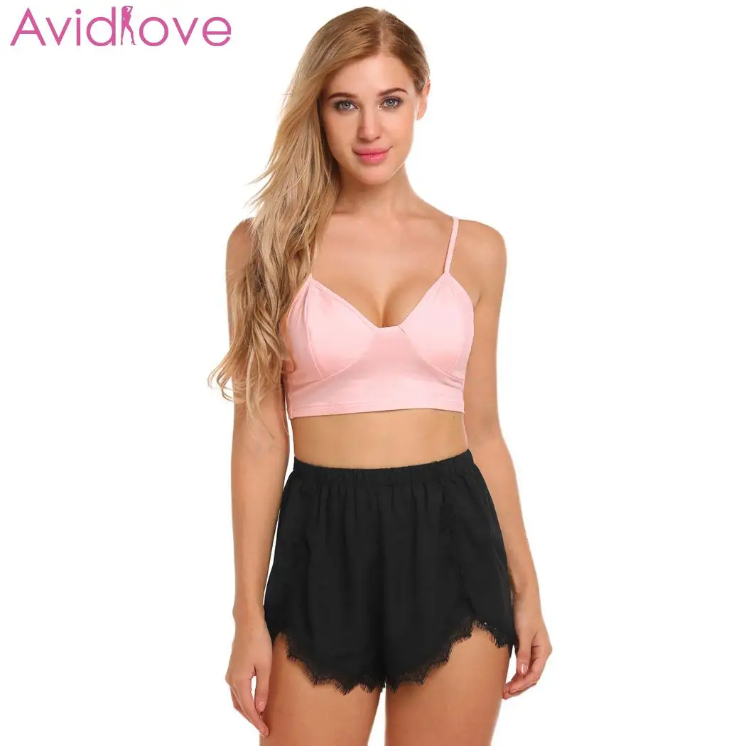 

Avidlove Women's Sleepwear Plus Size Sexy Satin Pajama Set Lace Bodydoll V-Neck Pyjamas Sleeveless Crop Camis Top And Shorts