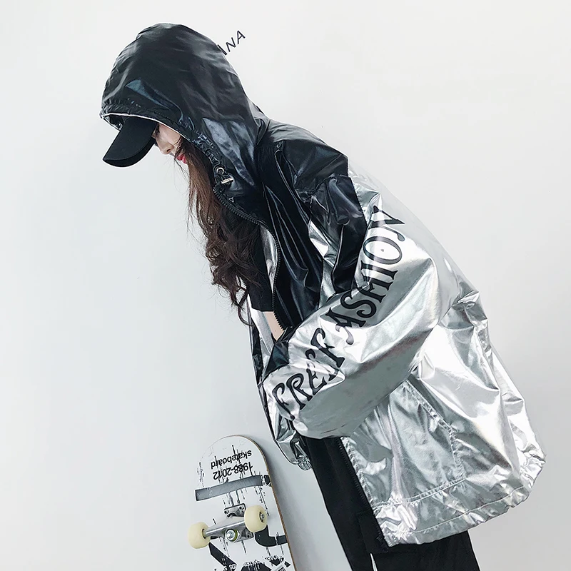 #3173 Hip Hop Jacket Windbreaker Silver Spliced Color Hooded Bomber Coat Women Bat Sleeved Letter Printed Plus Size Jacket Loose