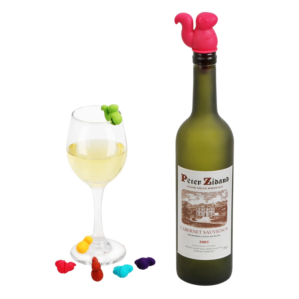 

Cute Squirrel Shape Wine Bottle Stopper Wine Cork Plug Rubber Wine Glass Label Drink Cup Mixproof Silicone Marker 7 pcs/set