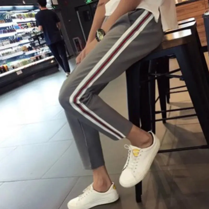 

Womens High Waist Side Striped Trousers Joggers Track Pants Straight Leg Casual