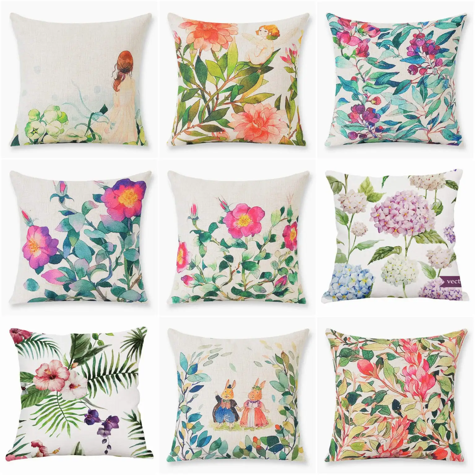 Flower Girl Pillow Case Throw Pillowcase Cotton Linen Printed Pillow Covers For Office Home