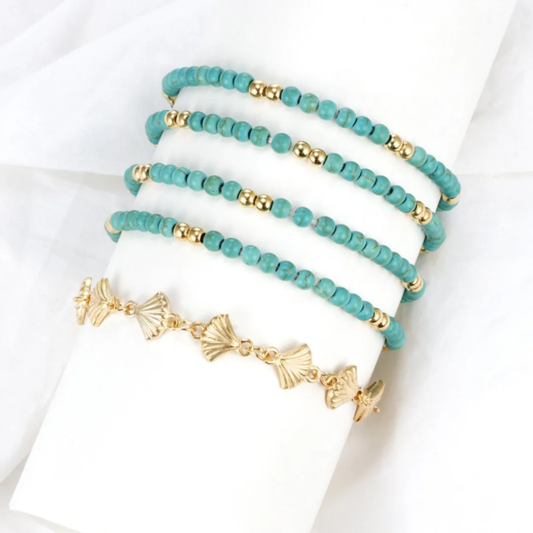 

5Pcs/set Boho Layered Metal Shell Anklets For Women Punk Natural Green Stone Beaded Sandal Foot Chain Beach Anklet Jewelry 2019