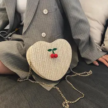 

Girls Female Heart Shape Woven Crossbody Handbag Women Straw Summer Beach Chain Zipper Fashion Casual Shoulder Messenger Bags