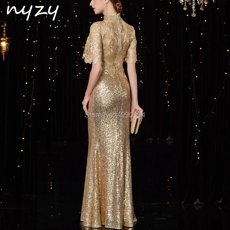 NYZY E33, кружевное вечернее платье, простое, Русалочка, с высоким воротом, с короткими рукавами, с золотыми блестками, торжественное платье, свадебное платье