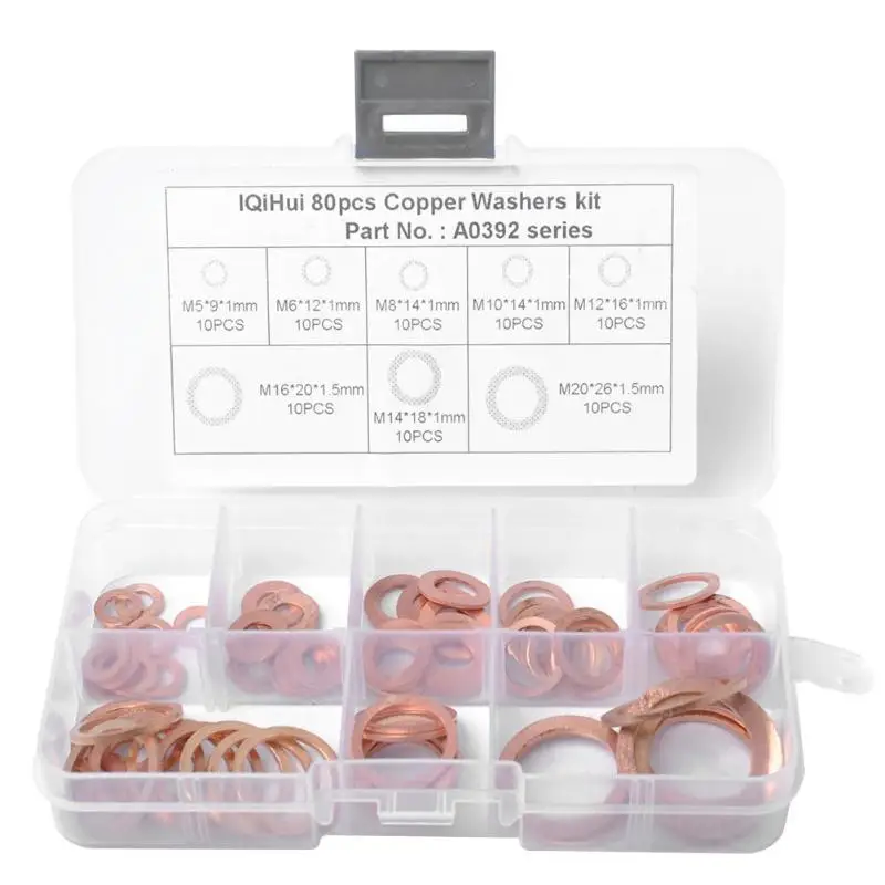 

VODOOL 80pcs Assorted Copper Washer Set Flat Ring Seal Assortment Kit with Box Car Accessories Auto Replacement Valves Parts