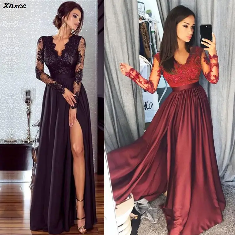 

Women Lace Evening Party Prom Gown Ladies Formal Empire Waist Long Dress Solid V-Neck Long Sleeve Floor-Length Maxi Dresses