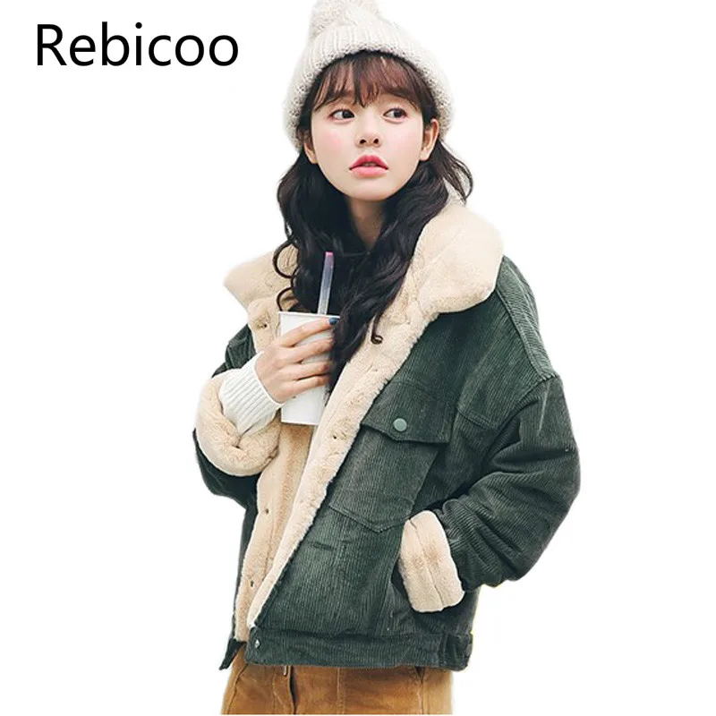 

Loose Corduroy Jacket Women 2018 New Thick Winter Faux fur inside Jackets Ladies Cute Outerwear Coat Warm Parka Female