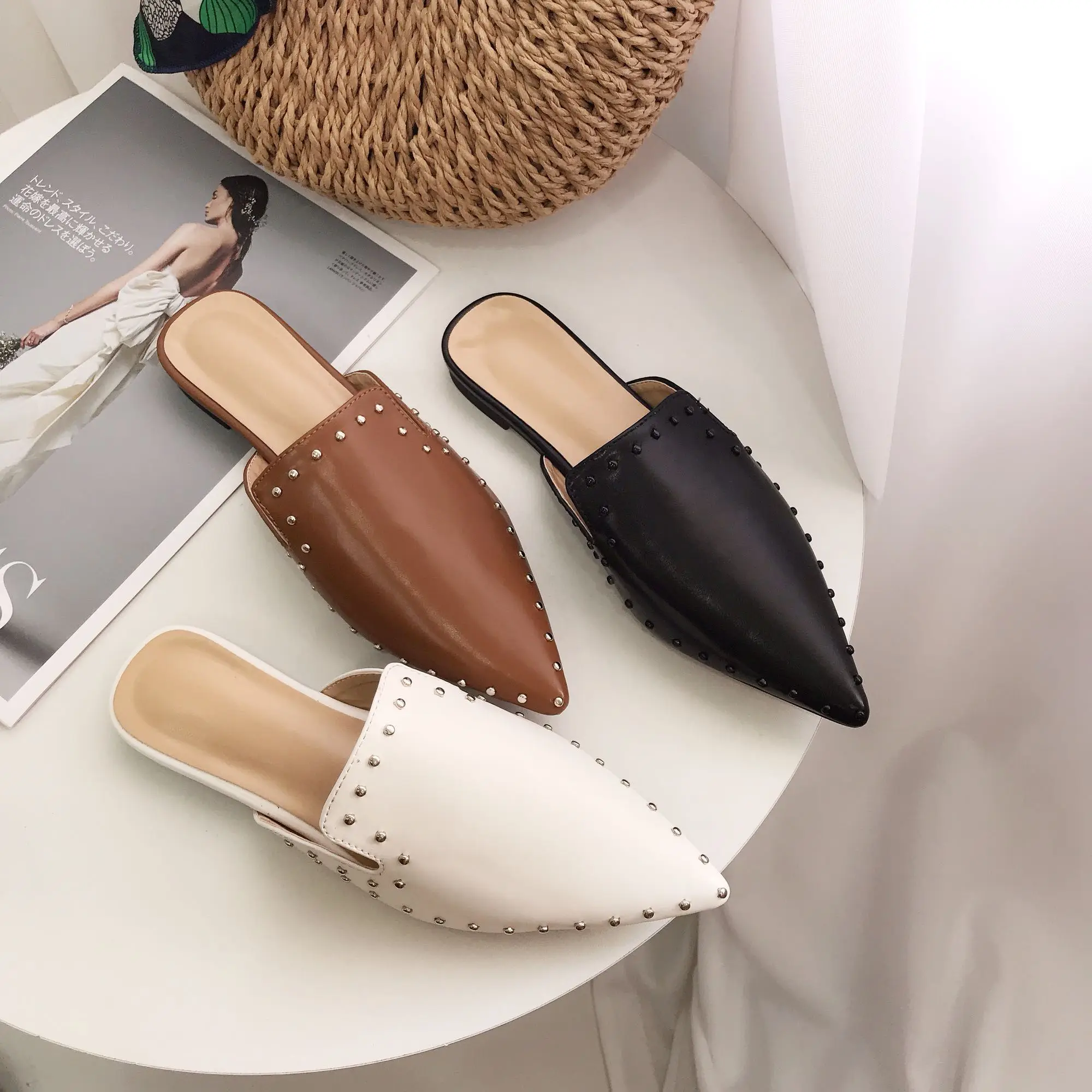 

Women Studs Mules Low Heels Pointed Toe Soft Leather Slip Ons Slides Lady Summer Slippers