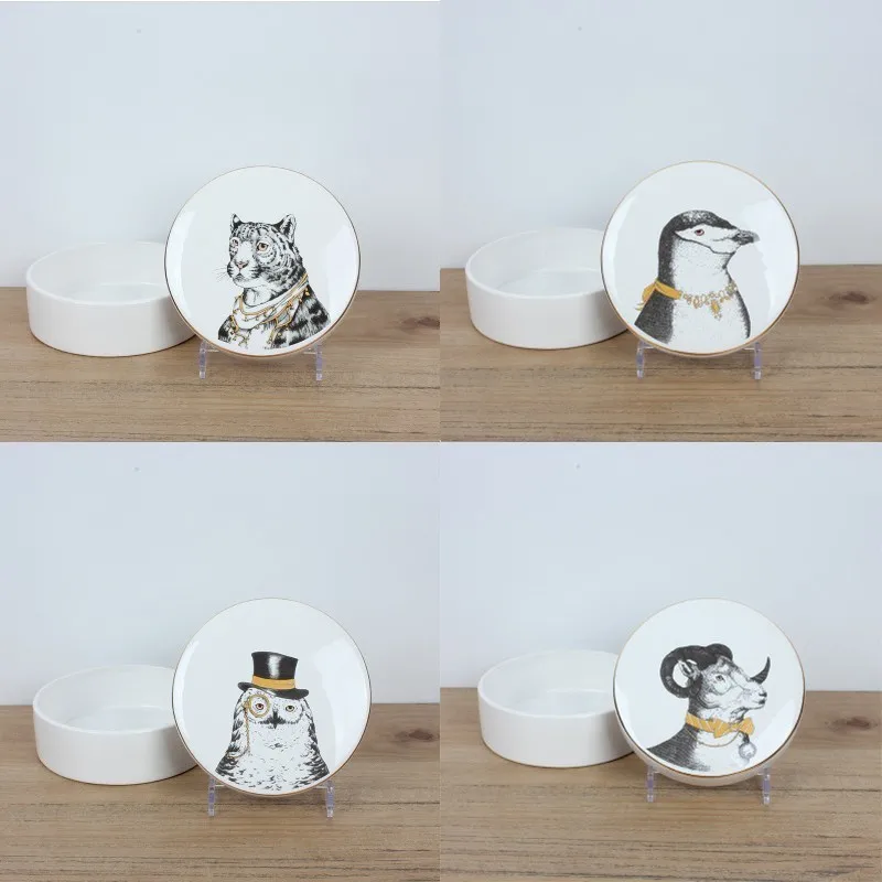 

Europe Vintage Animal Painting Ceramic Storage Box Gold Package Edge Jewelry Storage Jar gift Bathroom Table Home Decor Ornament