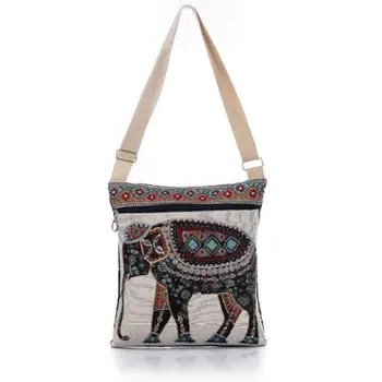 

Bohemia Elephant Embroidered Shoulder Bag Printing Canvas Travel Handbag Hot New Embroidery Elephant Pattern Woman Shoulder Bag
