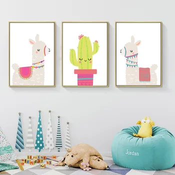 

Llama Alpaca Print Nursery Wall Art Canvas Painting Cactus Nordic Posters and Prints Cartoon Wall Pictures for Kids Room Decor