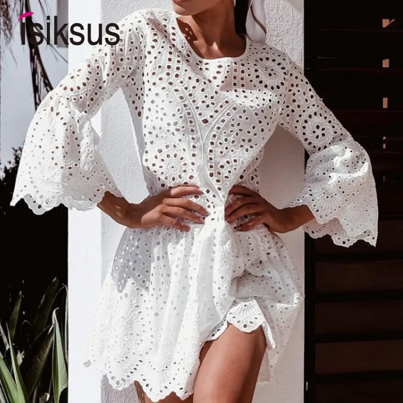 

Isiksus Women Lace Embroidery Sexy Dress Ruffle Sleeve Causal White Cotton Mini Dresses Hollow Out Short Dress Vestidos DR201