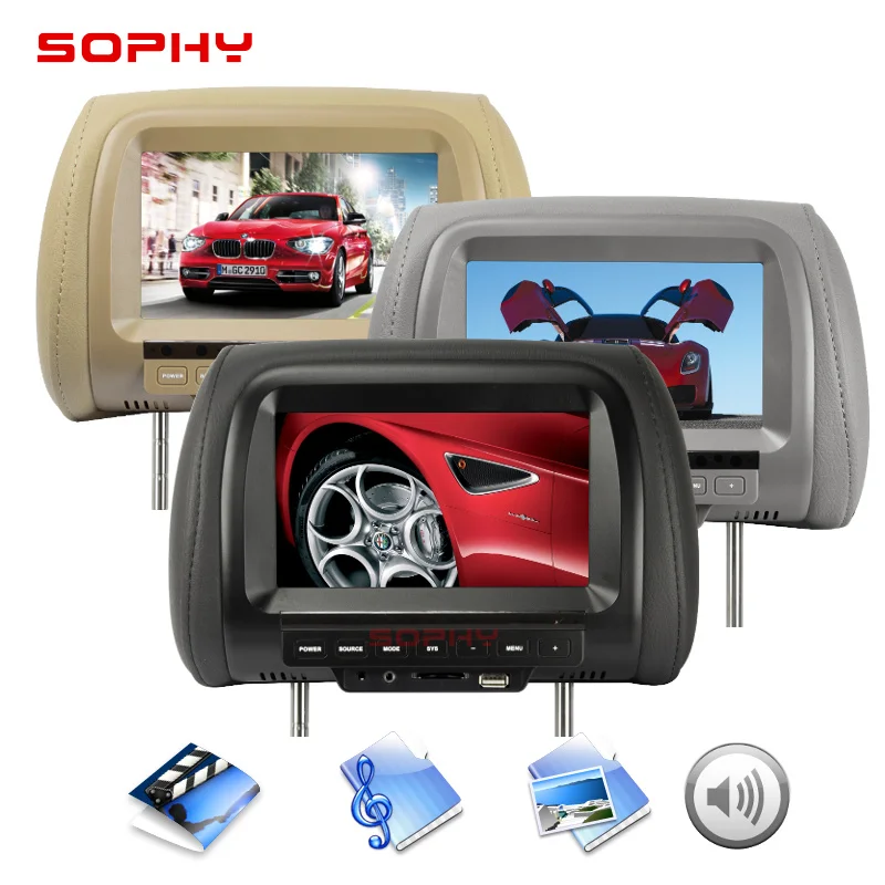 7 inch TFT LED Screen Video Player Universal Car Headrest Monitor Beige/Gray/Black  AV USB SD MP5 FM Built-in Speaker SH7038-MP5