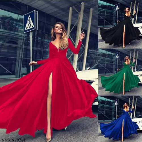 

2019 New Party Dress Women Autumn Long Sleeve Long Maxi Split Dress Party Holiday Beach Wedding Party Sundress