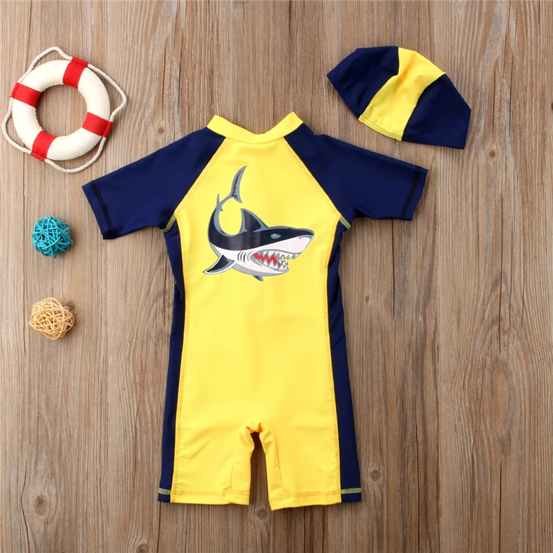 الأزرق القرش واحد قطعة ملابس السباحة الأولاد ملابس السباحة قصيرة الأكمام الكرتون الأطفال الاستحمام دعوى للطفل الفتيان الطفل تصفح ملابس سبا...