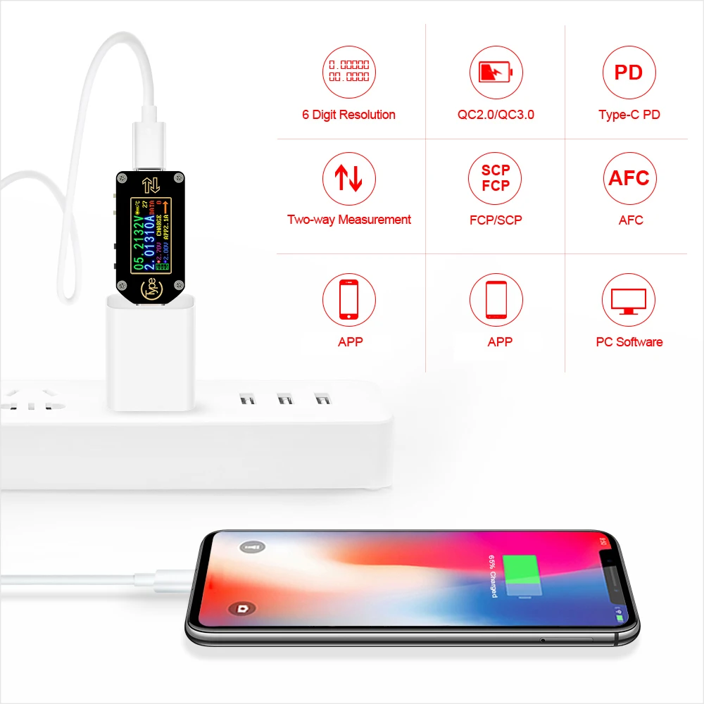 Цифровой вольтметр Амперметр Usb тестер Индикатор напряжения Мини Hd Type c цветной