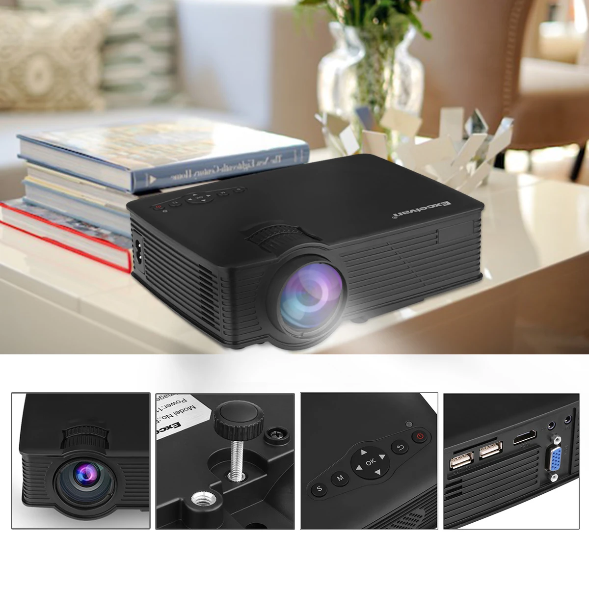 Excelvan EHD09 мини светодиодный проектор 800x480 пикселей 1200 люмен Домашний кинотеатр HDMI/USB/SD/AV/VGA/3,5 мм черный