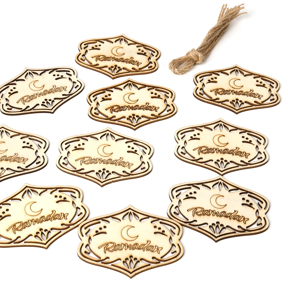 

Modern Wooden Stand Sign Crescent Pattern DIY Crafts Ornament with Rope Festival Decoration Eid Mubarak Ramadan Decoration