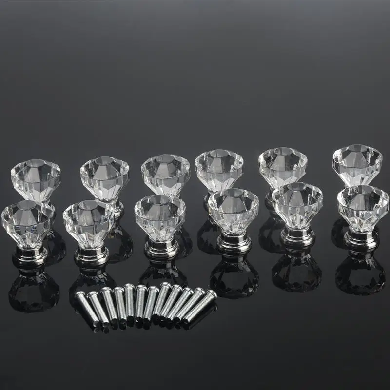 12pcs with screws Drill Acrylic Knobs Drawer Cabinet Furniture Kitchen Handle