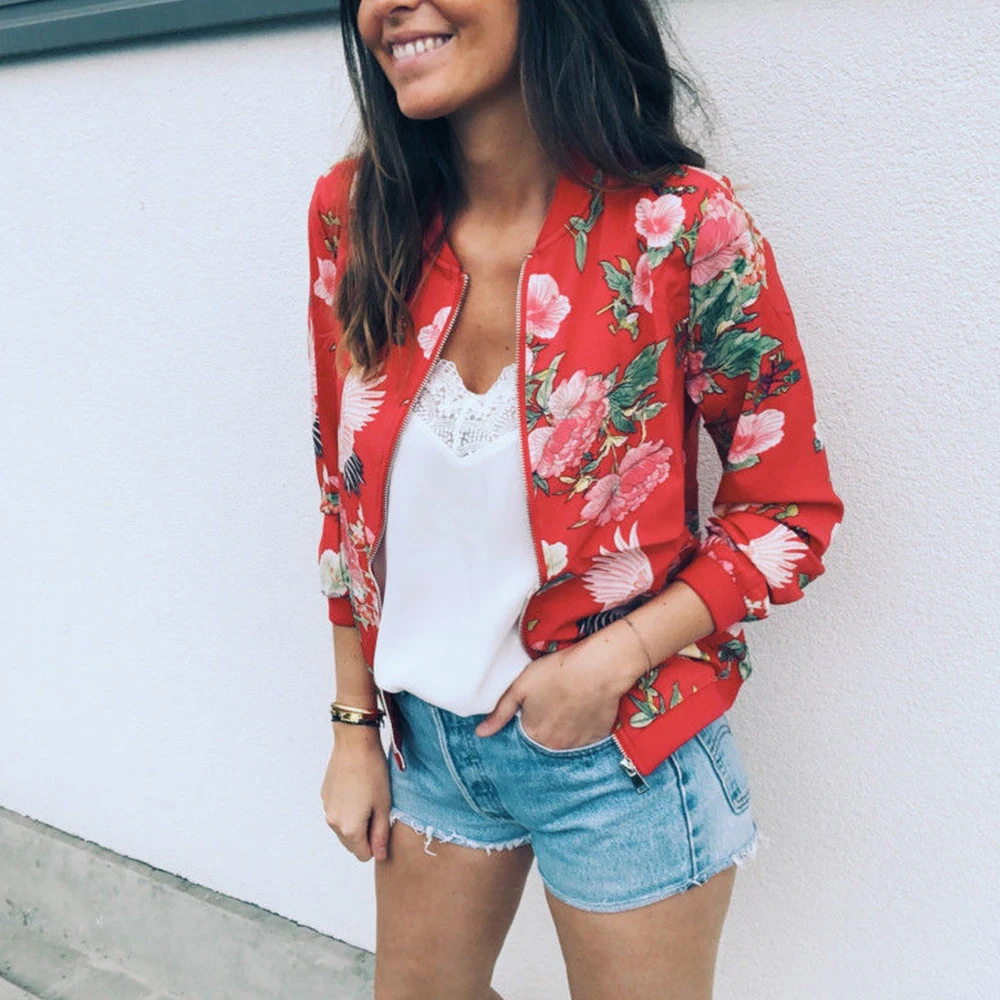 Floral Printed Spring Women's Jackets Plus Size Short Female Coat Zipper Chaqueta Long Sleeve Women Bomber Jacket