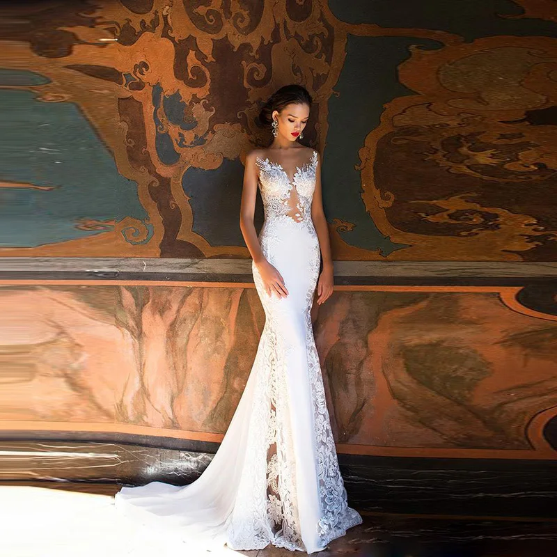 Backless White Lace Appliques Sheer Wedding Dress Bride Mermaid