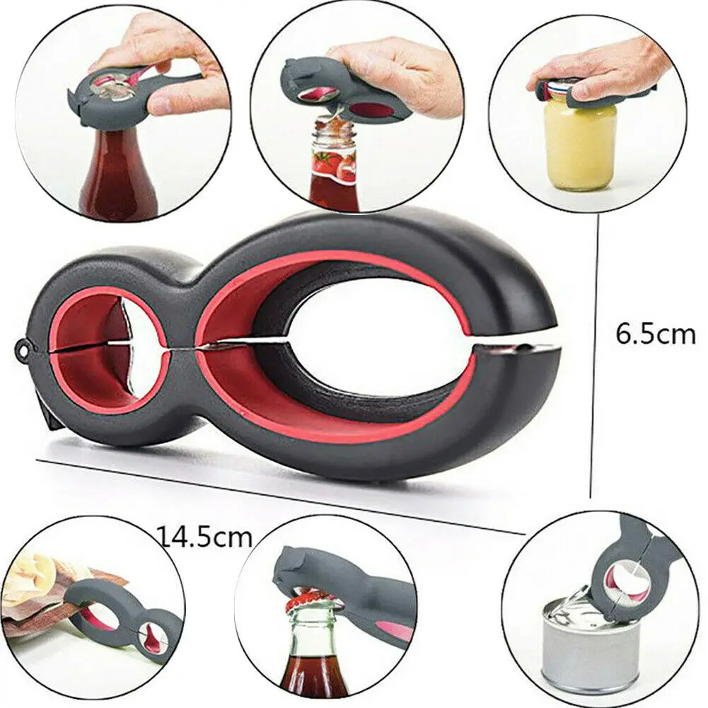 Portable Multi Tool 6 in 1 Bottle Opener Stainless Steel Push Down Beer