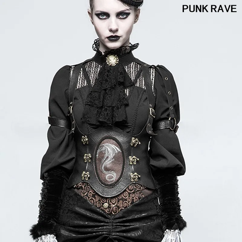 

Steampunk Eyelet Drawstring Pu Leather Girdle Palace noble party brown Western Dragon Printing Women slim Girdle PUNK RAVE S-216