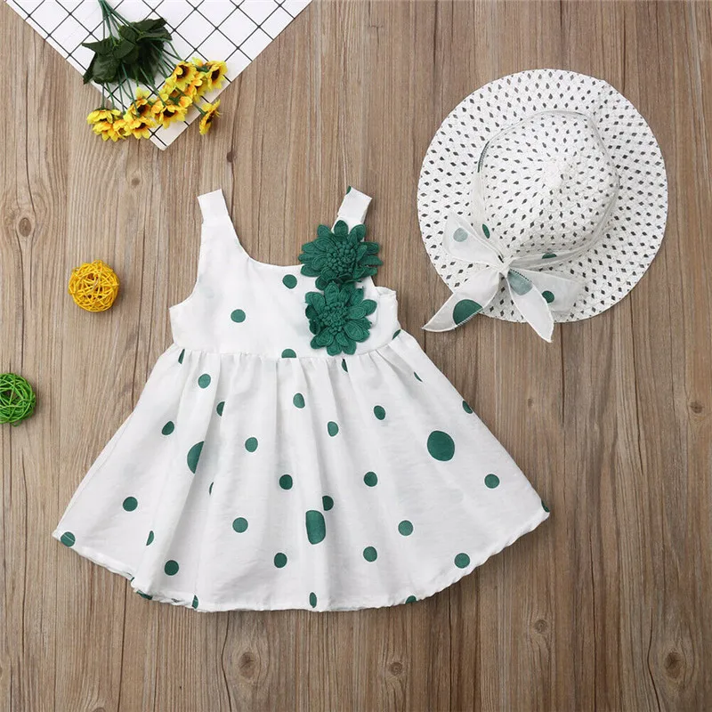 

New Pretty 2Pcs Baby Girl Summer Polka Dot Dress Sleeveless Floral Kids Girl Princess Party Dress Sundress Sun Hats
