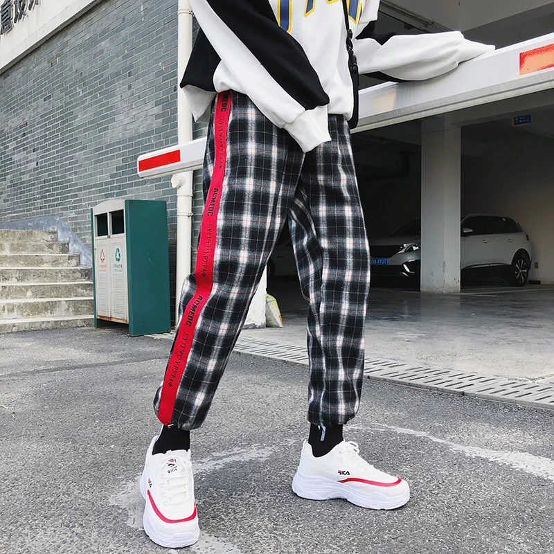 Men's Trousers19 Spring New Loose Plaid Pants Youth Popular Beam Feet Nine Pants Trousers Red Purple Youth Casual Men's Clothing