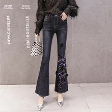 Синие расклешенные женские брюки весна лето 3D цветок вышитые поцарапанные бисерные джинсы с высокой талией эластичные длинные джинсовые брюки