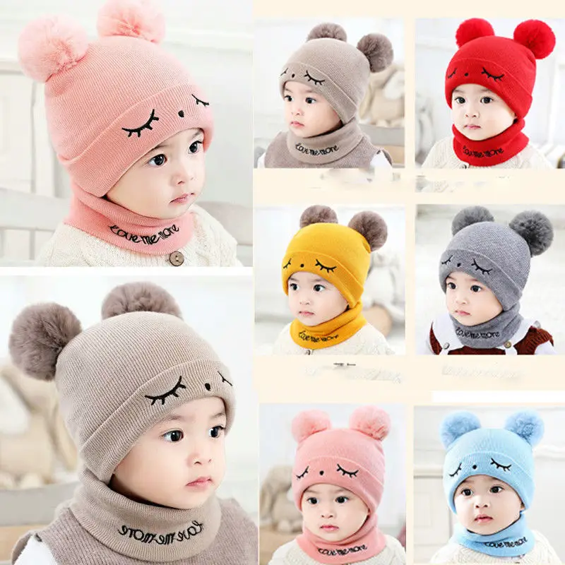 

Cute Eyelash Caps For Newborn Kids Baby Boy Girl Pom Hat Winter Warm Knit Bobble Beanie Cap Scarf Set
